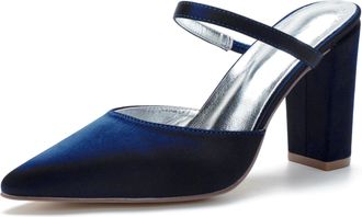 Generic Wedding Bridal Shoes Womens Block Heel Wedding Heels Sandals Wedding Shoes Pointed Toe Ankle Strap Slingback Bridal Heels 9Cm,Dark Blue,10 UK