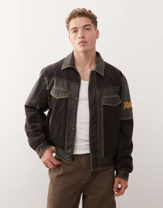 Reclaimed Vintage Bomber nero in pelle sintetica con pannelli a contrasto in velluto a coste