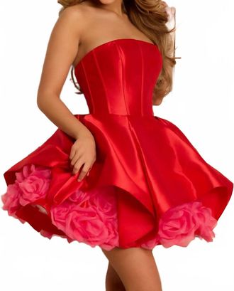 Jovani Strapless Rose Embellished Hem Dress In Red