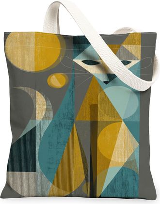 Generic Geometric Cat Canvas Tote Bags, Modern Art Pattern Reusable Grocery Bags, Stylish Lightweight Washable Shoulder Strap, Gray, 13x15 Inch
