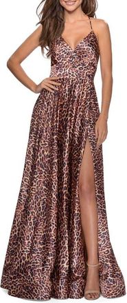 La Femme Leopard Print Strappy Slit Gown at Nordstrom, Size 2