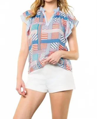 THML Clothing Flag Flutter Sleeve Blouse In Red, Blue