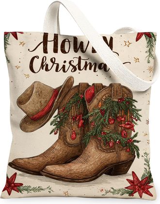 Generic Christmas Boots Canvas Tote Bags, Vintage Western Pattern Reusable Grocery Bags, Holiday Rustic Lightweight Washable Should, Beige, 13x15 Inch