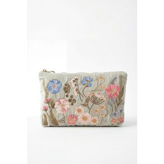 Elizabeth Scarlett Pressed Flowers Velvet Everyday Pouch in Sage at Nordstrom