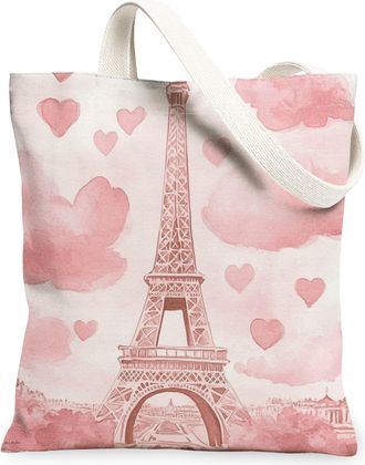 Generic Romantic Peach Canvas Tote Bags, Paris Tower Heart Pattern Reusable Grocery Bags, Vintage Lightweight Washable Shoulder Strap Canvas for Travel Beach 