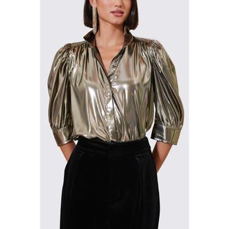 Bishop + Young Cate Ruched Sleeve Top in Liquid Metallic at Nordstrom, Size X-Small