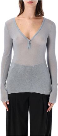 James Perse Serafino Novelty Top - Dames - V-hals truien - Blauw - L - Katoen - Truien & Vesten