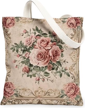 Generic Spring Aesthetic Rose Canvas Tote Bag for Shopping 13x15, Vintage Retro Floral Reusable Grocery Print Pattern Bag for Women Men, Abstract Flower Aesth