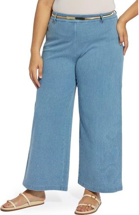 Lyss&eacute; Erin Belted Crystal Embellished Pull-On Wide Leg Jeans in Bleached Blue at Nordstrom, Size 1X