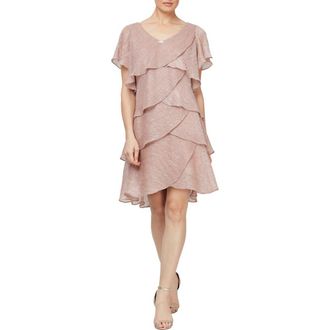 S.L. Fashions Tiered Shimmer Metallic Flutter Sleeve Dress in Faded Rose at Nordstrom, Size 10