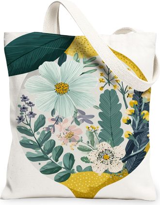 Generic Floral Canvas Tote Bags, Botanical Leaf Pattern Reusable Grocery Bags, Spring Vintage Chic Lightweight Washable Shoulder St, White, 13x15 Inch