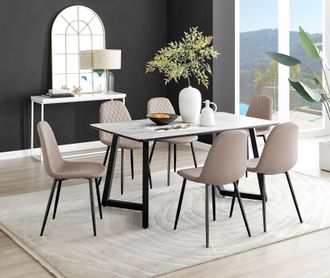 Furniturebox Carson White Marble Effect Dining Table & 6 Corona Black Leg Chairs in Beige