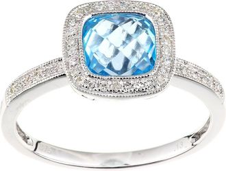 Jewelco London 9ct White Gold Diamond 2ct Blue Topaz Square Cushion Halo Ring - DR1AXL679WBT