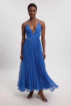 Karen Millen Womens Beaded Embellished Full Maxi Dress - Blue - Size 10 UK