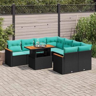vidaXL Vidaxl Set De Sof&aacute;s De Jard&iacute;n Con Cojines 9 Pzas Rat&aacute;n Sint&eacute;tico Negro