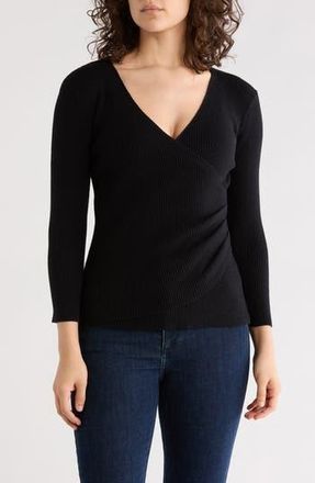 Max Studio Three-Quarter Sleeve Faux Wrap Sweater in Black at Nordstrom Rack, Size X-Large