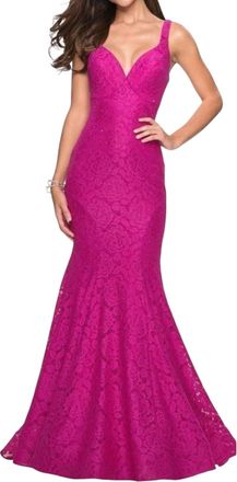 La Femme Strappy Low Back Lace Mermaid Gown In Pink