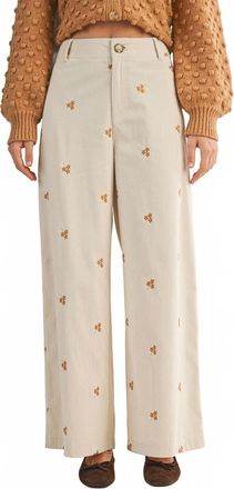 Mustard Seed Embroidered Corduroy Wide Leg Pants In Cream