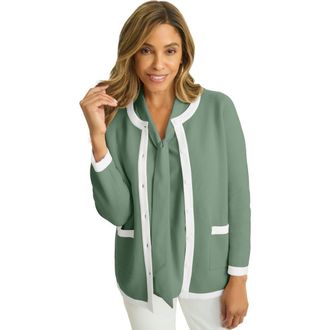 Jessica London Tipped Boxy Cardigan in Olive Drab White at Nordstrom, Size Small