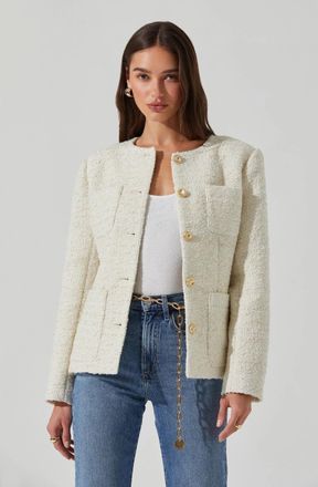 ASTR the Label Sarae Jacket Womens Cream Tweed Collarless Button Front PAL10