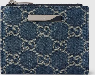 Gucci Small Wallet With Gucci Plaque, Blue, Fabric