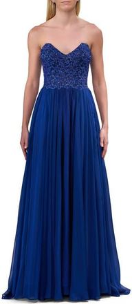 La Femme Chiffon Gown with High Slit and Strapless Lace Top in Marine Blue at Nordstrom, Size 00