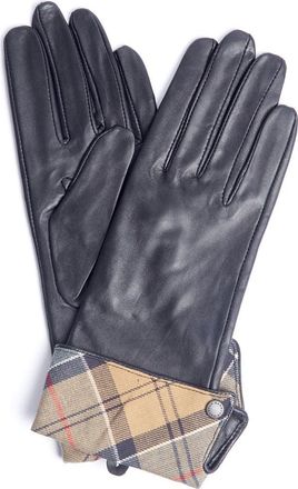 Barbour Lady Jane Tartan Cuff Leather Gloves in Black/dress Tartan at Nordstrom, Size Medium