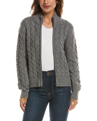 Fort&eacute; Cashmere Cable Zip Mock Neck 100% Cashmere Cardigan