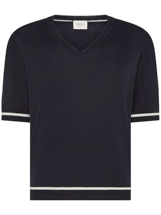 Cruna Dark Cropped V-Neck Contrasting Stripe T-Shirt