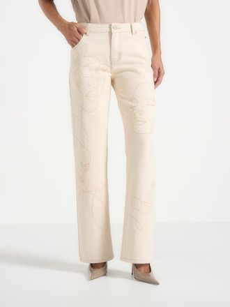 Mani&egrave;re De Voir Calista Line Art Straight Leg Jeans in Cream at Nordstrom, Size 10