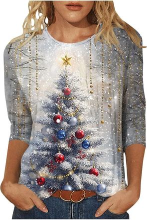 Generic Christmas T Shirts for Women UK Ladies Christmas Tops Crewneck Xmas Tops 3/4 Sleeve Tshirt Graphic Tees Dressy Shirts Santa Elk Snowflake Print Blouse