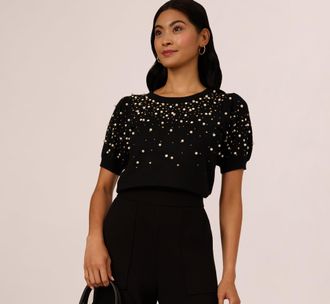Adrianna Papell Puff Sleeve Pearly Embellished Sweater In Black