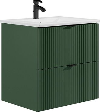Vente-Unique Mueble de ba&ntilde;o suspendido estriado con lavabo encastrado - Verde mate - 60 cm - ZEVINI