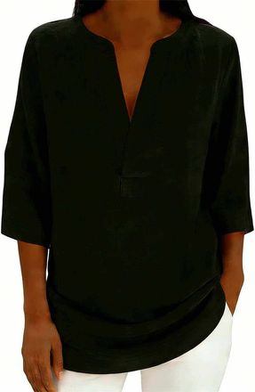 Generic Capsule Wardrobe Women Clothing Womens Fashion Summer Tops V Neck 3/4 Sleeve Linen Shirt Ladies Casual Loose Fit Cotton Blouses Plain T Shirts (Black,