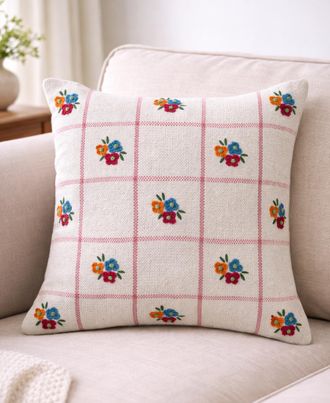 Vibhsa Daisy Checkerboard Handwoven Floral Check Decorative Pillow, 20 x 20