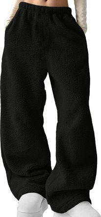 Generic Fleece Lined Trousers Womens Fluffy Sherpa Warm Thermal Sweatpants Winter Thick Tracksuit Bottoms Casual Solid Plain Elastic High Waisted Basic Joggin
