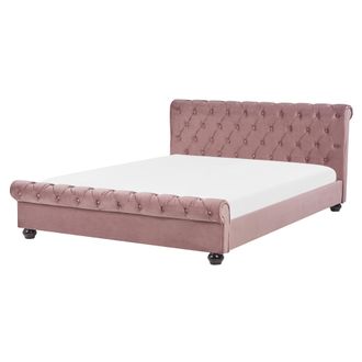 Beliani Cama Doble Tapizada En Terciopelo Rosa 160 X 200 Cm Con Cabecero Acolchado Estilo Glam Avallon