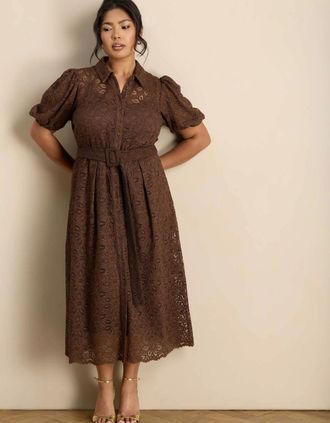 Live Unlimited London Womens Brown Puff Sleeve Button Through Belted Lace Dress - Size: 24