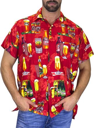 V.H.O. Mens Beerbottle-Shirt Short-Sleeve Casual-Button-Down Hawaii-Vacation, Beerbottle, Red, 6XL