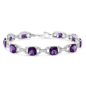 House of Brilliance 925 Sterling Silver 7mm Cushion Cut Amethyst Gemstone and Diamond Tennis Link Bracelet