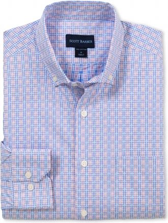 Scott Barber Mens Jacquard Plaid Cotton Windowpane Check Sport Shirt In Pink And Blue