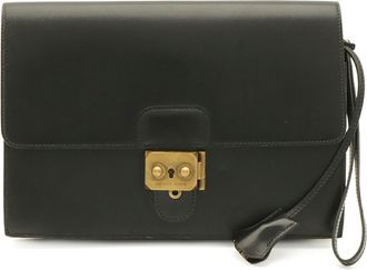 Herm&egrave;s Black Box Calf Leather Clutch Bag Pochette (Pre-Owned)