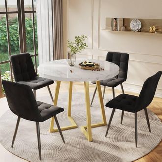 Merax Round Marble Effect Dining Table with Gold Legs & 4 Velvet Chairs in Black