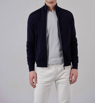 Fedeli Paros Reversible Full Zip Stretch Bomber Sweater In Navy