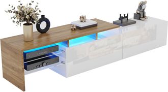 STILVORA Mueble Tv Con 2 Compartimentos, Estantes De Vidrio Y Led 16 Colores, Moderno Brillo, 170&times;33&times;33,5 Cm, Blanco Natural
