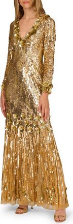 Aidan Mattox Embellished Long Sleeve Mermaid Gown in Gold at Nordstrom, Size 12