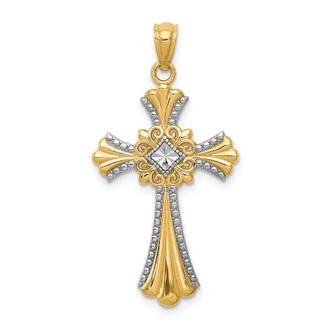 Diamond2Deal 14k Yellow Gold Rhodium Diamond-Cut Cross Pendant