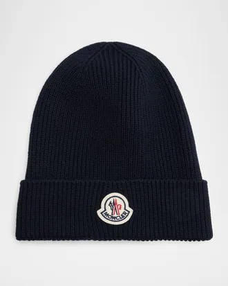 Moncler Men & apos;s Ribbed Wool Logo Beanie Hat