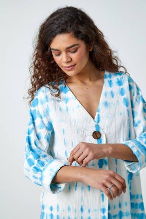 Roman Cotton Tie Dye Button Detail V-Neck Top