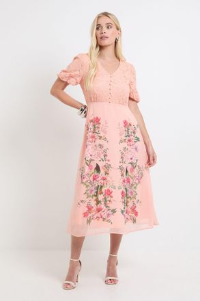 Wallis Womens Petite Floral Lace Button Midi Dress - Pink Polyamide - Size 12 UK